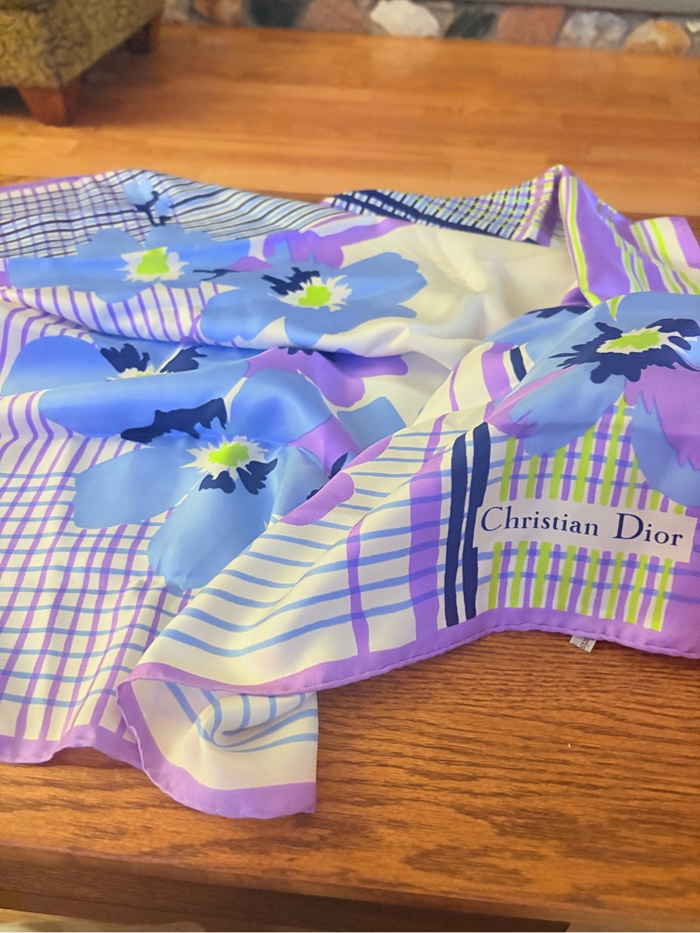 RARE VINTAGE CHRISTIAN DIOR SILK SCARF BLUE PURPLE GREEN BLACK POPPIES PLAID 30”